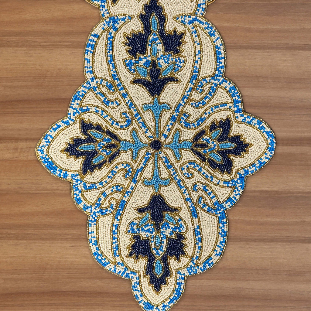 Beaded Table Runner - Blue White 54" x 13"
