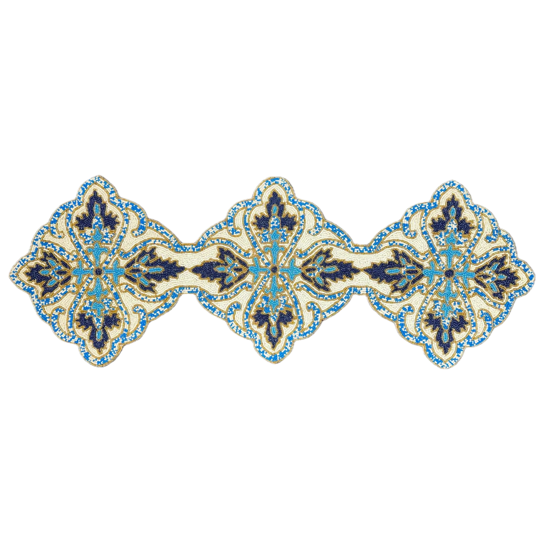 Beaded Table Runner - Blue White 36" x 13"