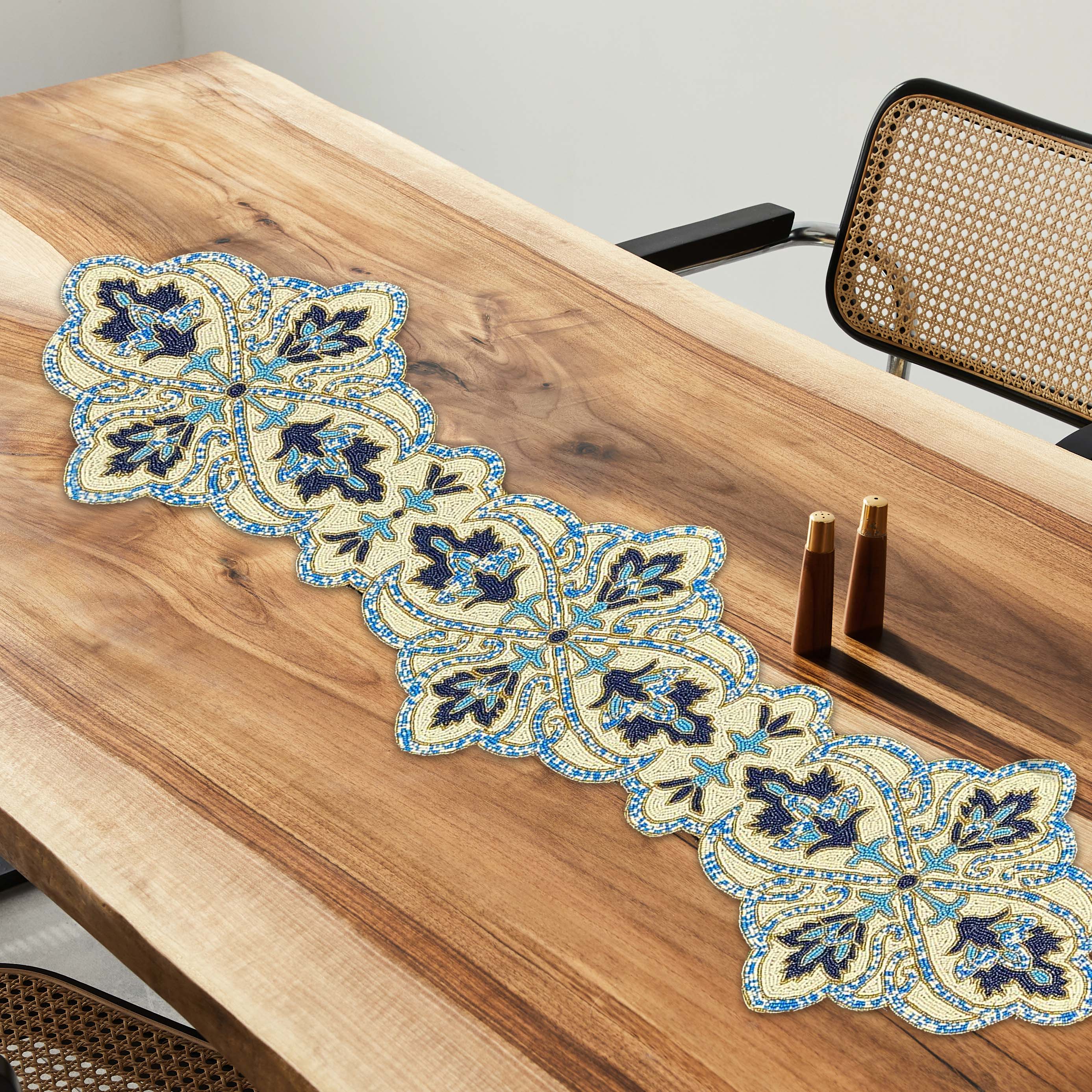 Beaded Table Runner - Blue White 36" x 13"