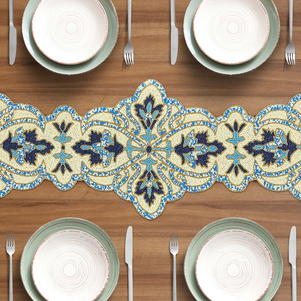 Beaded Table Runner - Blue White 36" x 13"