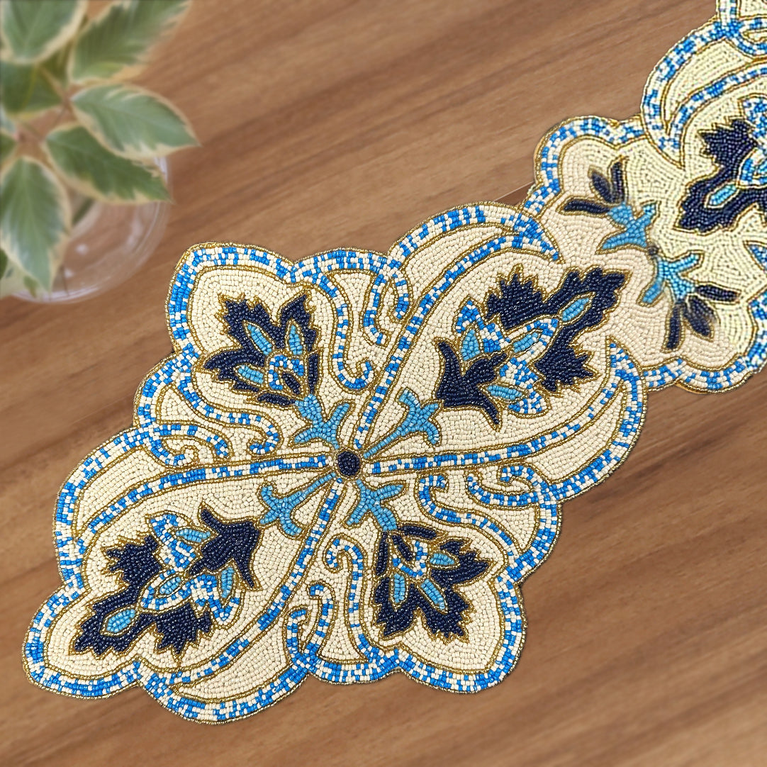 Beaded Table Runner - Blue White 36" x 13"