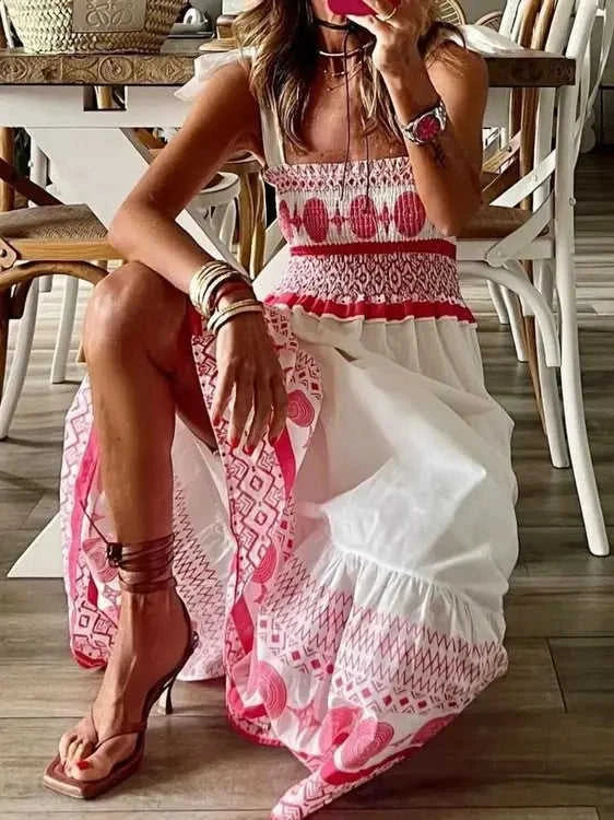 Smocked Printed Maxi Dress with Tie Shoulder Detail Eco My Home Dress Salty Season LLC ecomyhome.store United States