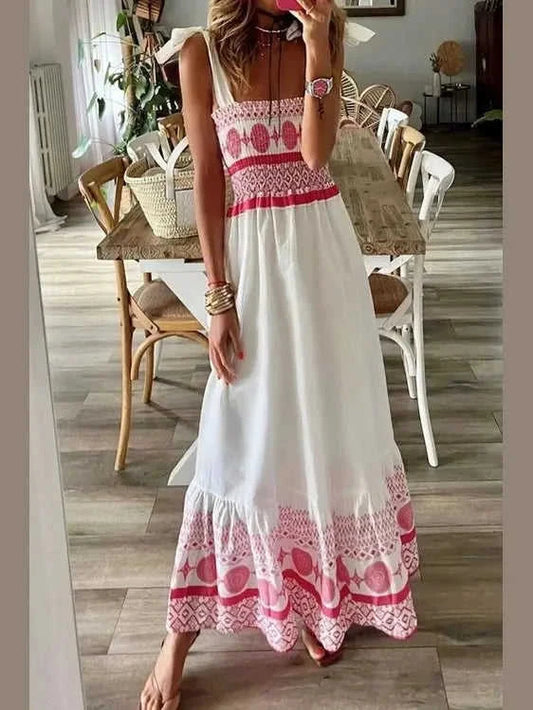 Smocked Printed Maxi Dress with Tie Shoulder Detail Eco My Home Dress Salty Season LLC ecomyhome.store United States