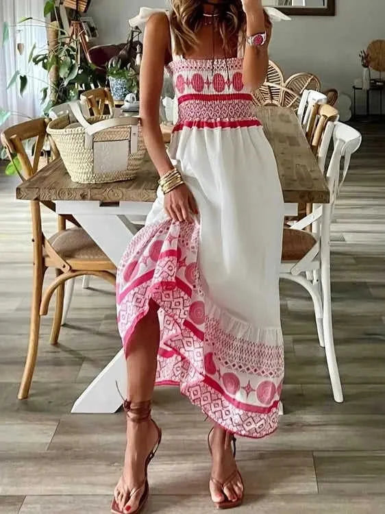Smocked Printed Maxi Dress with Tie Shoulder Detail Eco My Home Dress Salty Season LLC ecomyhome.store United States