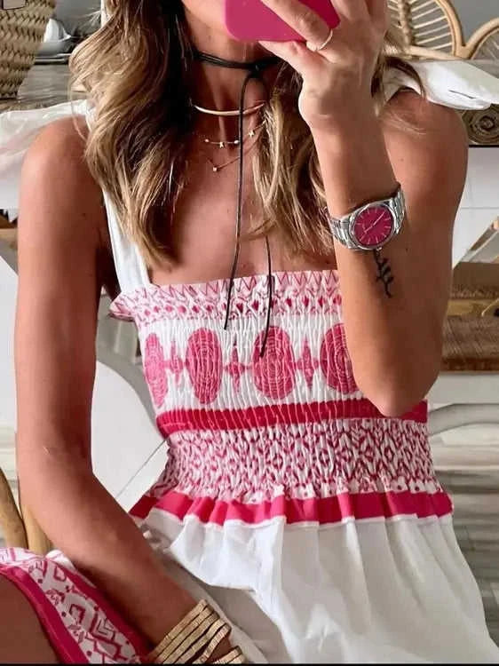 Smocked Printed Maxi Dress with Tie Shoulder Detail Eco My Home Dress Salty Season LLC ecomyhome.store United States