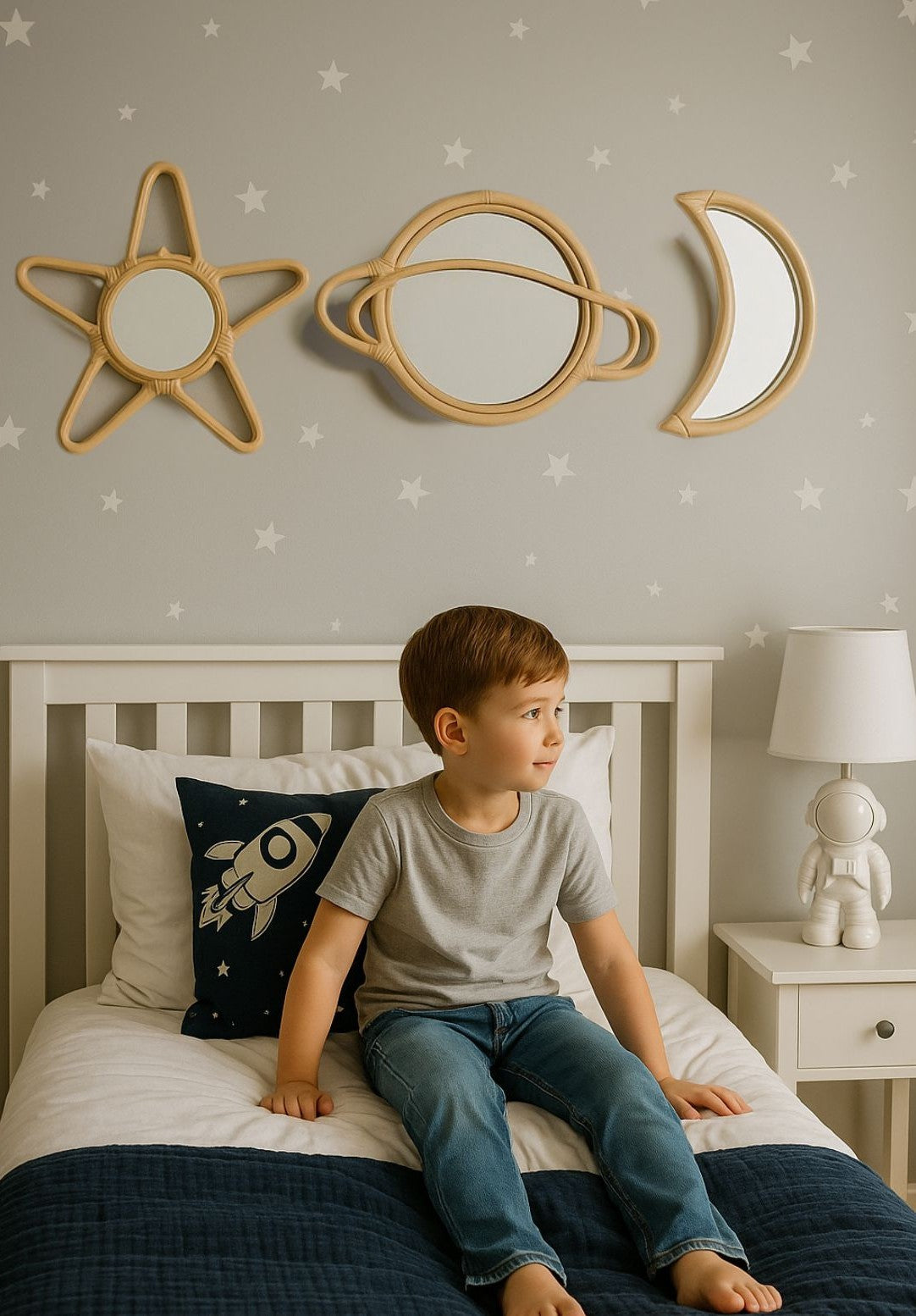 Rattan Saturn Mirror | Boho Nursery Wall Decor | Handmade Natural Rattan Mirror for Kids Room | Eco-Friendly Montessori Wall Art