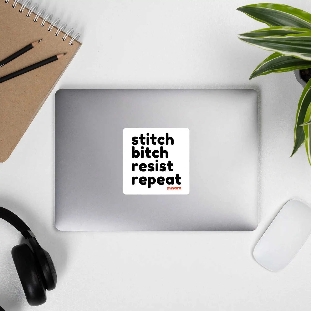 Stitch Bitch Resist Repeat Bubble-free 4" square sticker Eco My Home  Darn Good Yarn ecomyhome.store United States