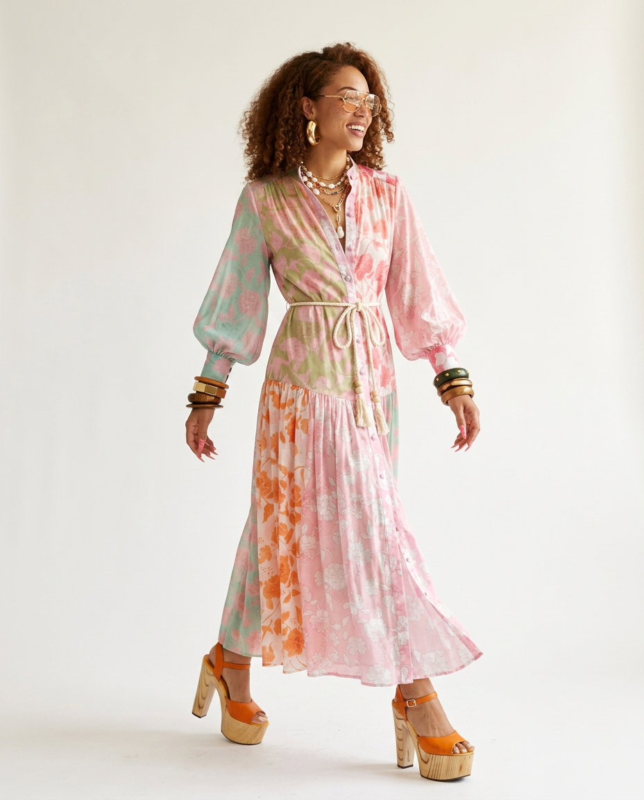 Vibrant Printed Pleated Maxi Dress