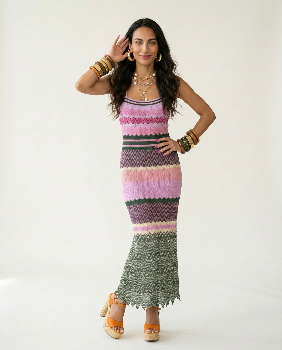 Vibrant Knitted Geometric Maxi Dress