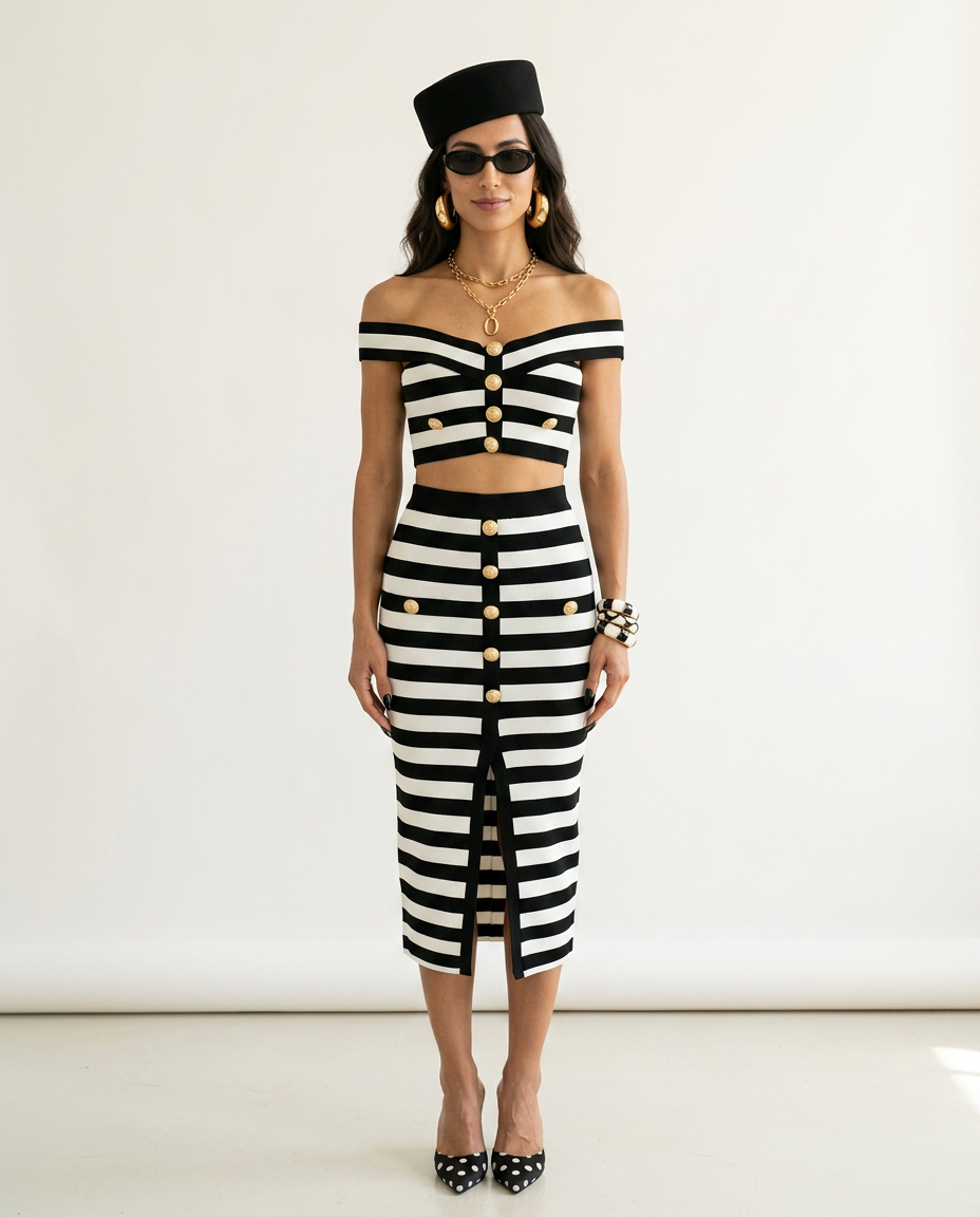 Confident Striped Button Two-Piece Set
