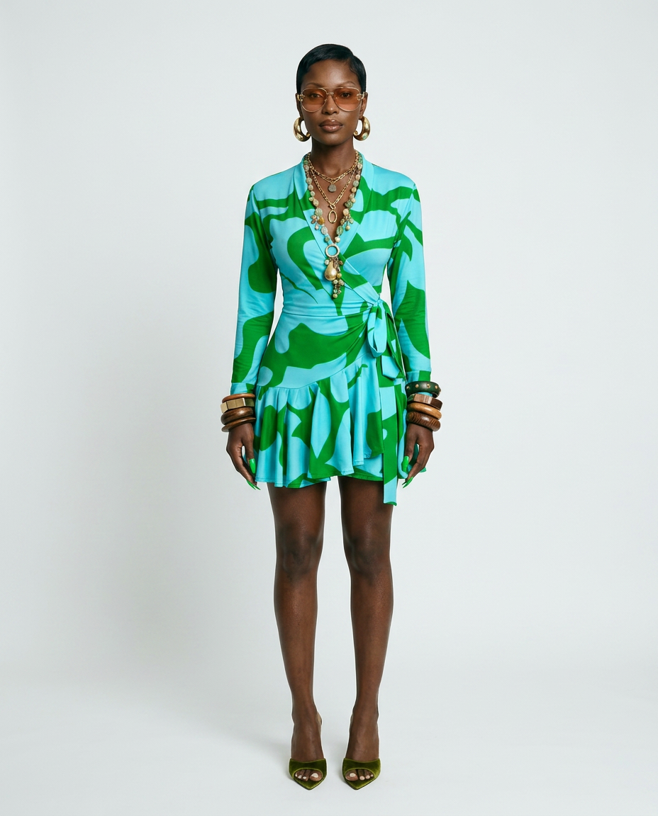 Vibrant Printed Ruffle Wrap Dress