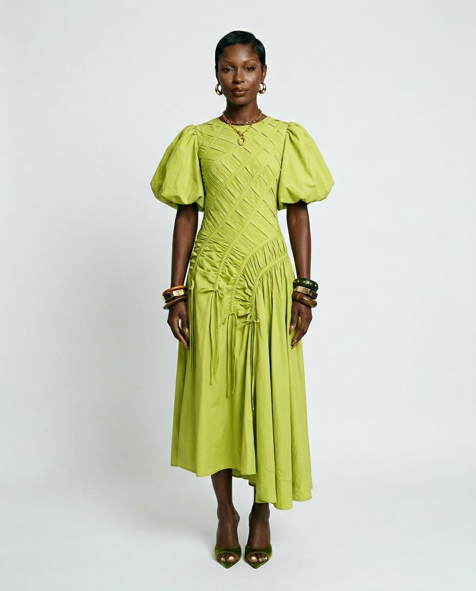 Vibrant Pleated Puff Sleeve Dress