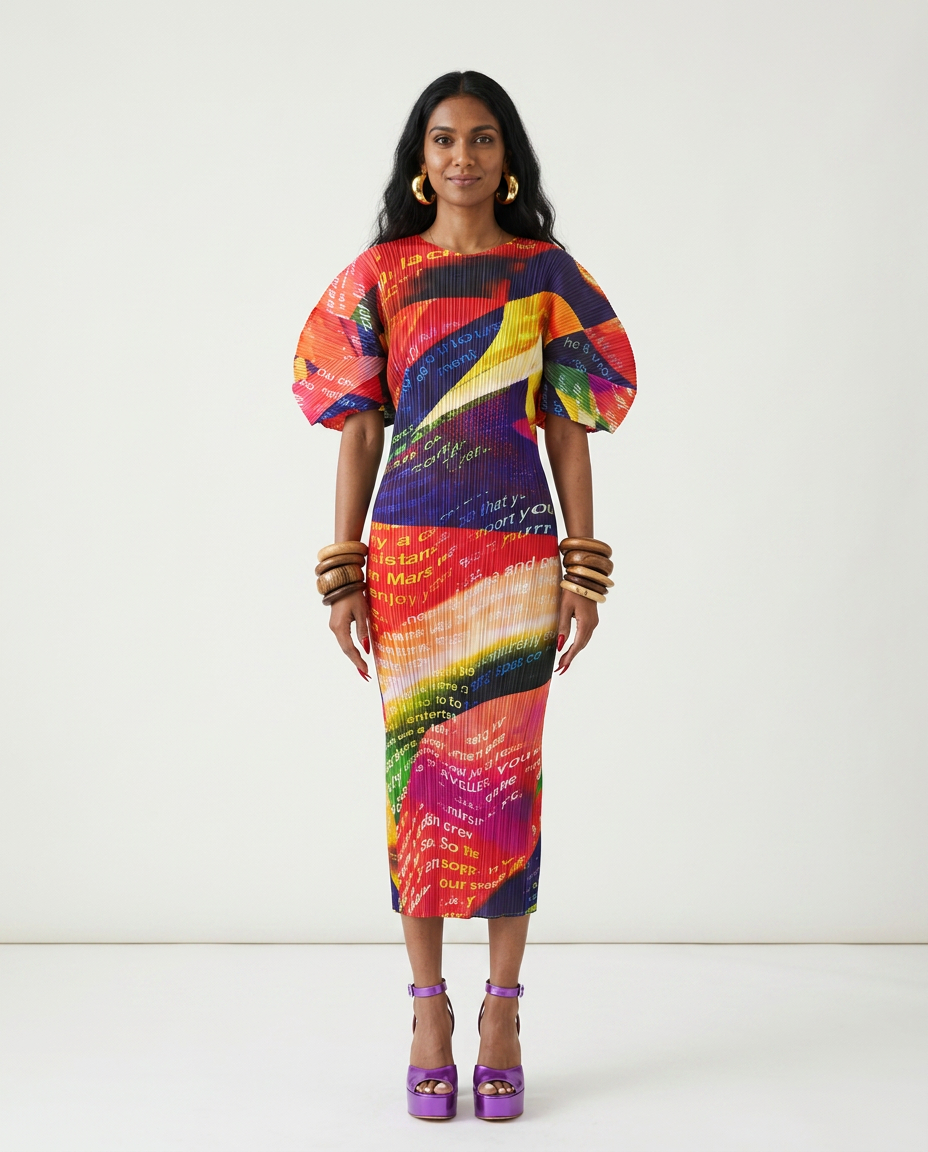 Vibrant Printed Pleated Maxi Dress