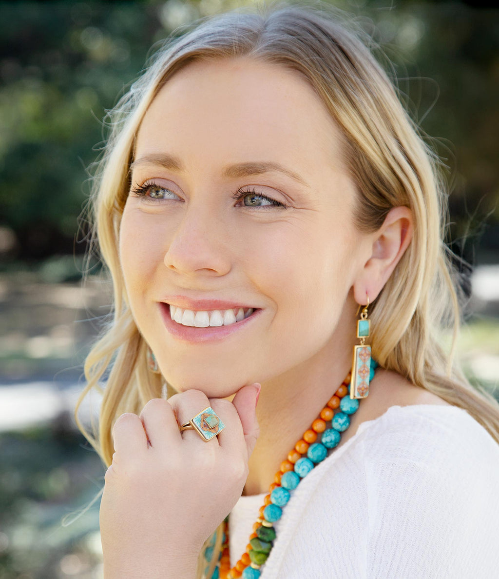 Talavera Tile and Blue Turquoise Golden Dangle Earrings