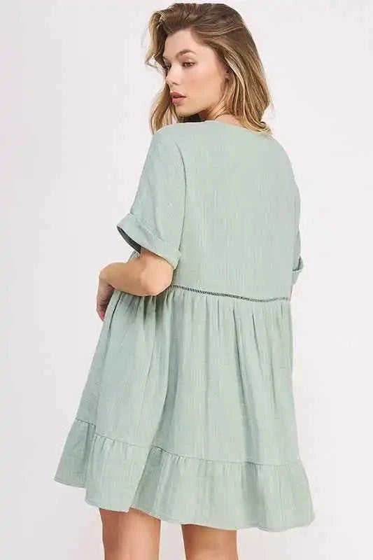 Textured Button‑Down V‑Neck Mini Dress Eco My Home Dress Salty Season LLC ecomyhome.store United States