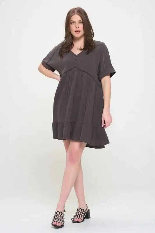 Textured Button‑Down V‑Neck Mini Dress Eco My Home Dress Salty Season LLC ecomyhome.store United States