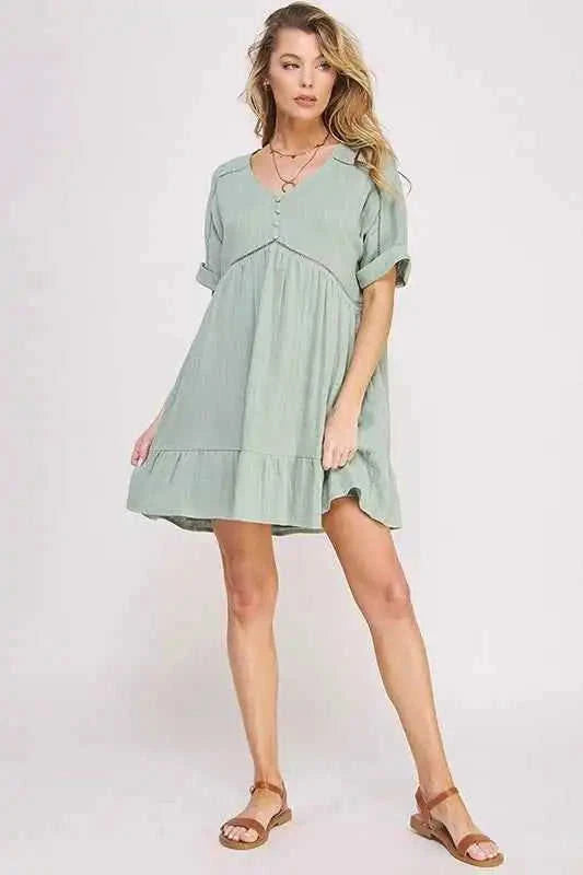 Textured Button‑Down V‑Neck Mini Dress Eco My Home Dress Salty Season LLC ecomyhome.store United States