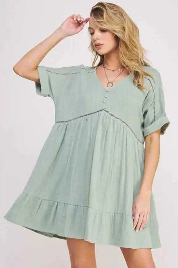 Textured Button‑Down V‑Neck Mini Dress Eco My Home Dress Salty Season LLC ecomyhome.store United States