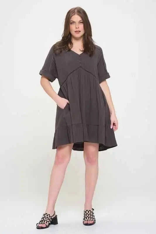 Textured Button‑Down V‑Neck Mini Dress Eco My Home Dress Salty Season LLC ecomyhome.store United States