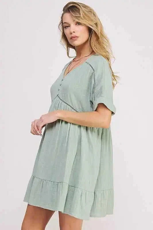 Textured Button‑Down V‑Neck Mini Dress Eco My Home Dress Salty Season LLC ecomyhome.store United States