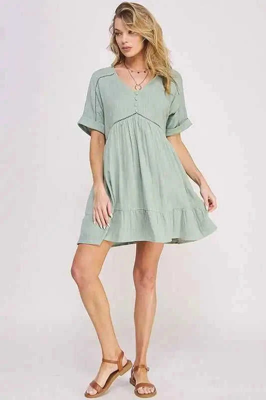 Textured Button‑Down V‑Neck Mini Dress Eco My Home Dress Salty Season LLC ecomyhome.store United States