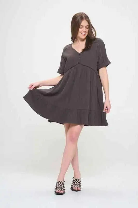 Textured Button‑Down V‑Neck Mini Dress Eco My Home Dress Salty Season LLC ecomyhome.store United States