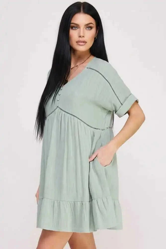 Textured Button‑Down V‑Neck Mini Dress Eco My Home Dress Salty Season LLC ecomyhome.store United States