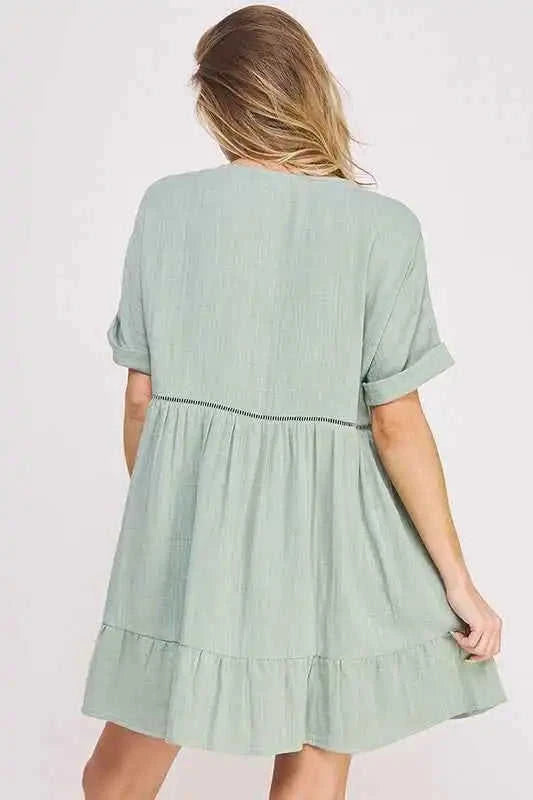 Textured Button‑Down V‑Neck Mini Dress Eco My Home Dress Salty Season LLC ecomyhome.store United States