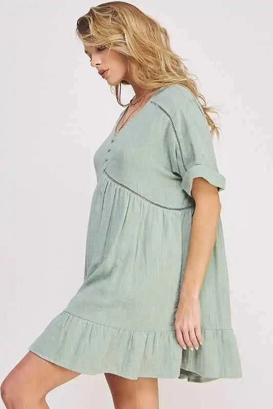 Textured Button‑Down V‑Neck Mini Dress Eco My Home Dress Salty Season LLC ecomyhome.store United States