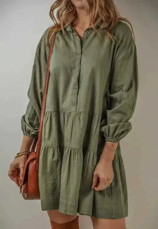 Tiered Balloon Sleeve Dress with Collared Neck Design Eco My Home Dress Salty Season LLC ecomyhome.store United States