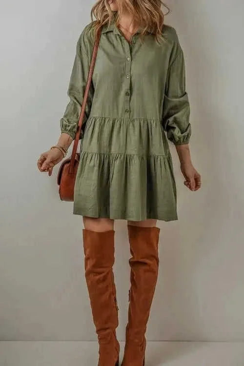 Tiered Balloon Sleeve Dress with Collared Neck Design Eco My Home Dress Salty Season LLC ecomyhome.store United States