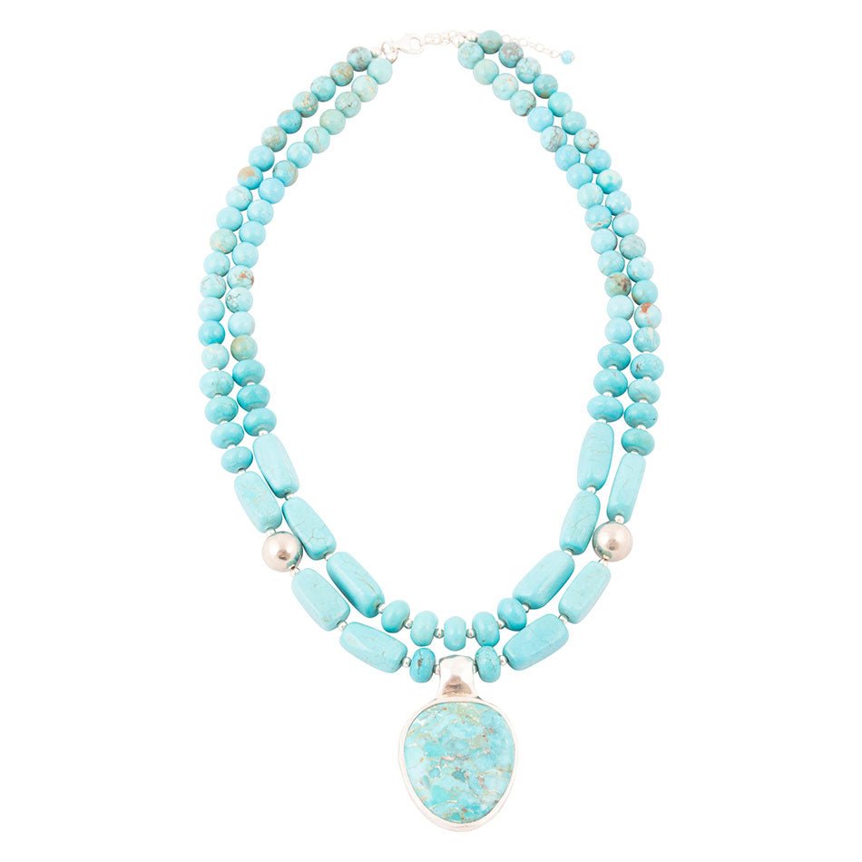 Double Stranded Blue Turquoise Sterling Silver Statement Pendant Necklace