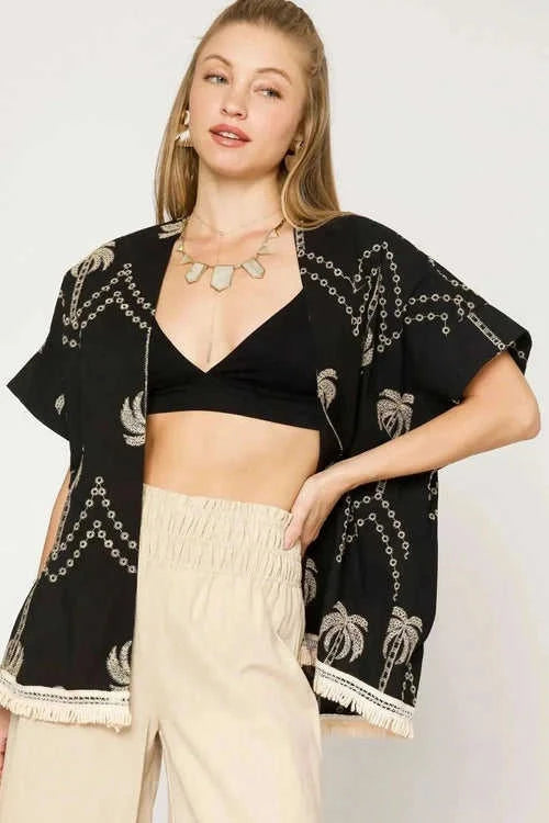 Umgee Embroidered Kimono with Open Front and Fringe Eco My Home Shirt Salty Season LLC ecomyhome.store United States