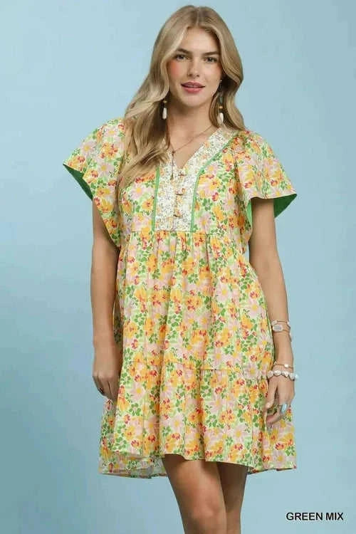 Umgee Mix Floral Tiered Mini Dress with Side Pockets Eco My Home Dress Salty Season LLC ecomyhome.store United States