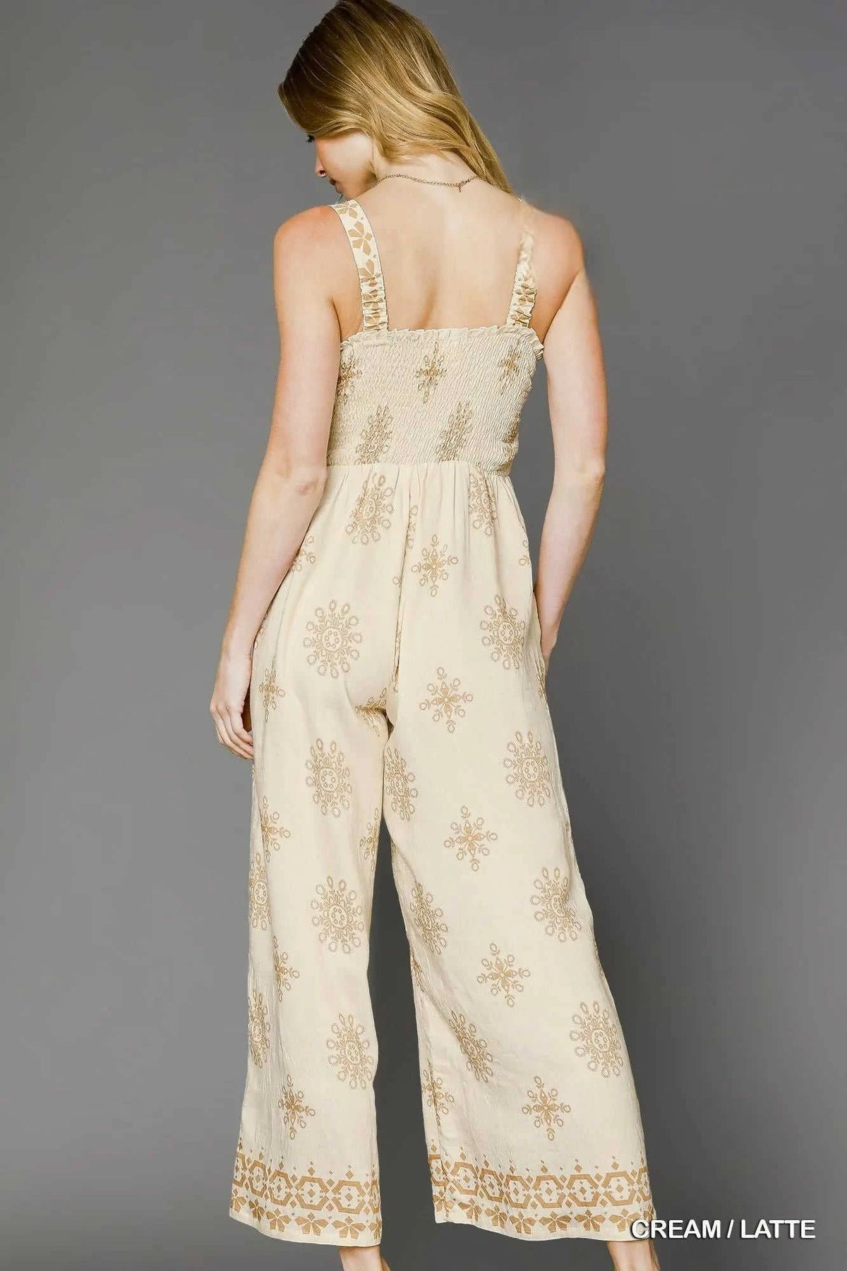 Umgee Wide Leg Jumpsuit with Smocked Print Design Eco My Home Jumpsuit Salty Season LLC ecomyhome.store United States