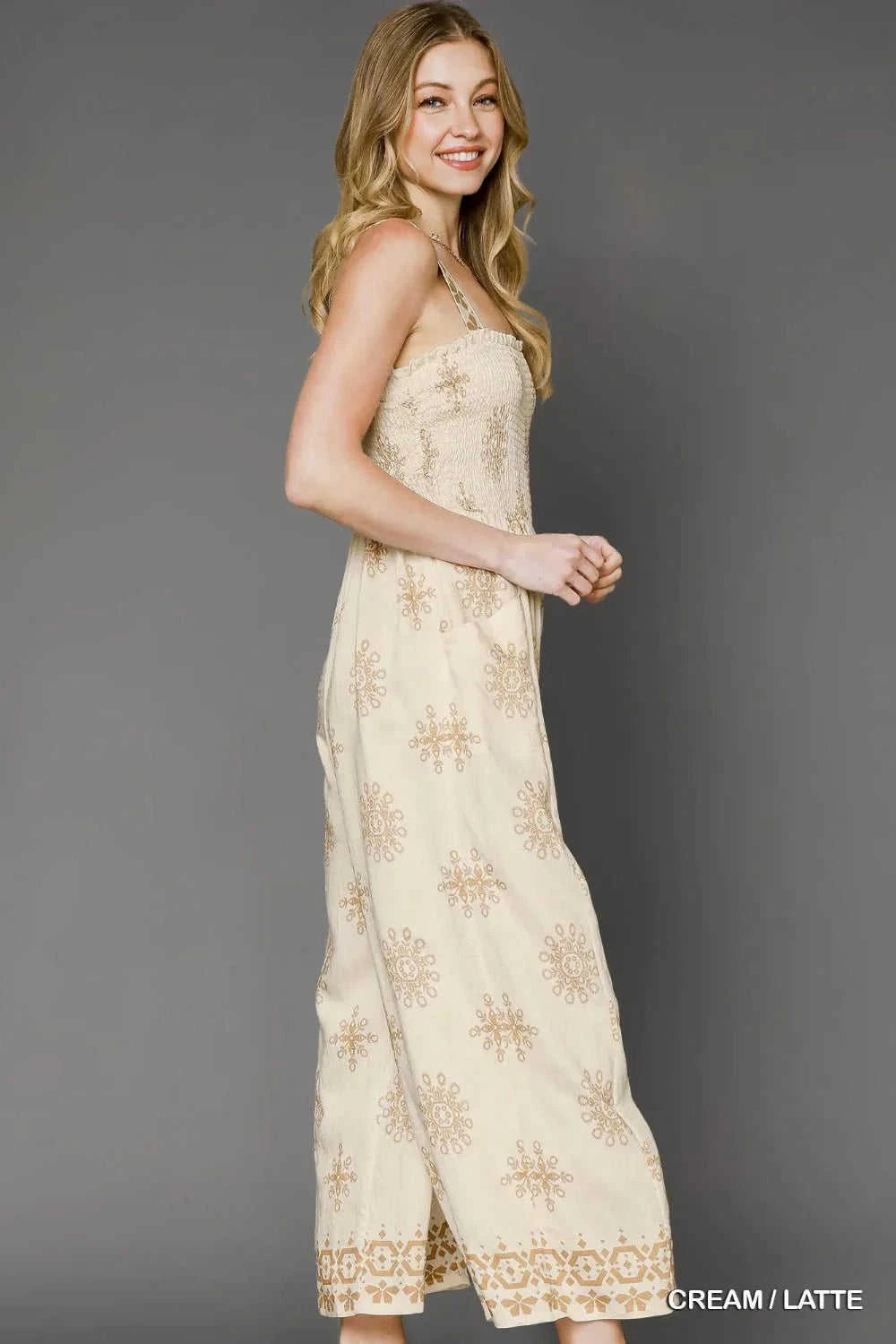 Umgee Wide Leg Jumpsuit with Smocked Print Design Eco My Home Jumpsuit Salty Season LLC ecomyhome.store United States