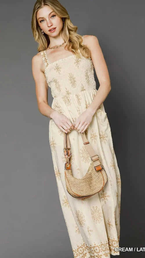Umgee Wide Leg Jumpsuit with Smocked Print Design Eco My Home Jumpsuit Salty Season LLC ecomyhome.store United States