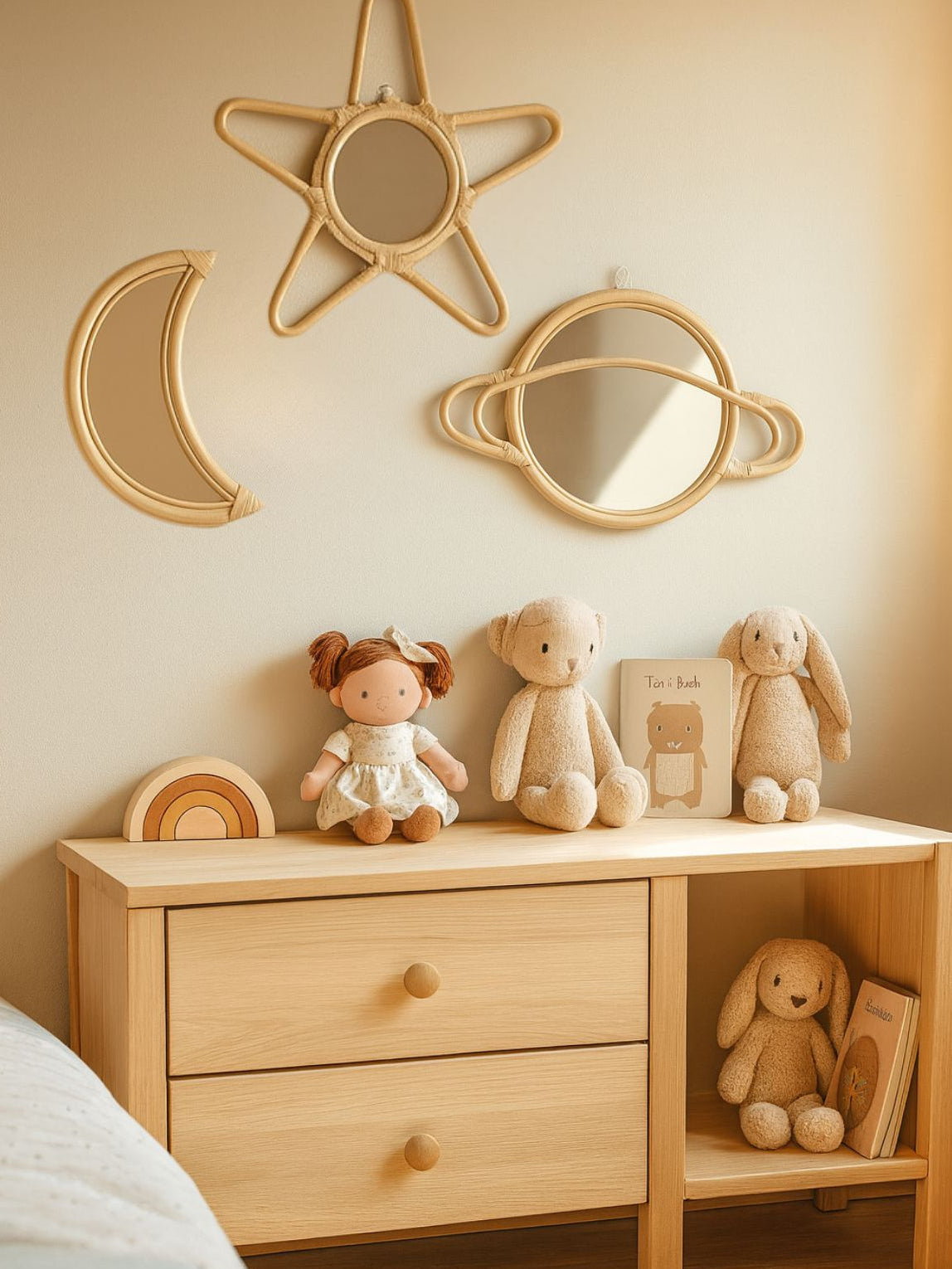 Rattan Star Wall Mirror – Boho & Space Kids Room Decor - Celestial Theme - Universe theme kids room