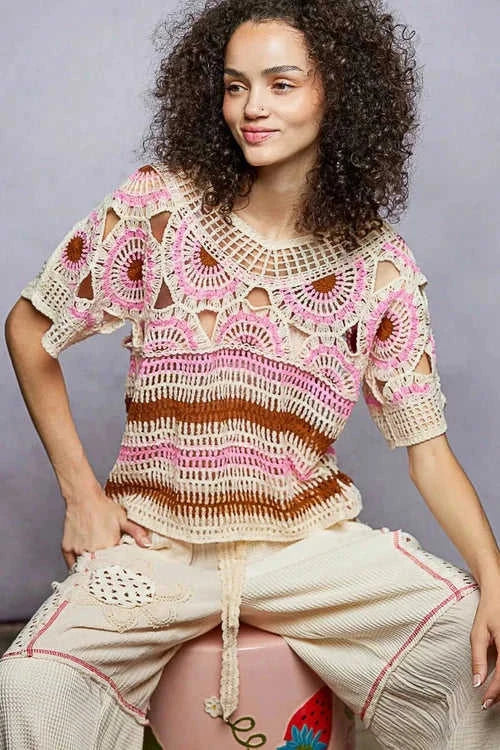 Weave Pattern Crochet Top with Short Sleeves and Border Accents Eco My Home  Salty Season LLC ecomyhome.store United States