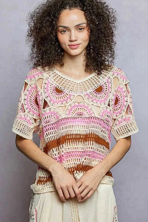 Weave Pattern Crochet Top with Short Sleeves and Border Accents Eco My Home  Salty Season LLC ecomyhome.store United States