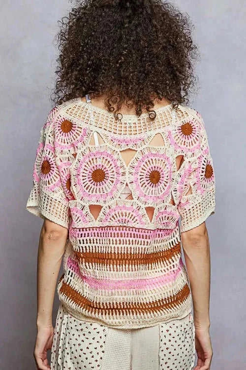 Weave Pattern Crochet Top with Short Sleeves and Border Accents Eco My Home  Salty Season LLC ecomyhome.store United States