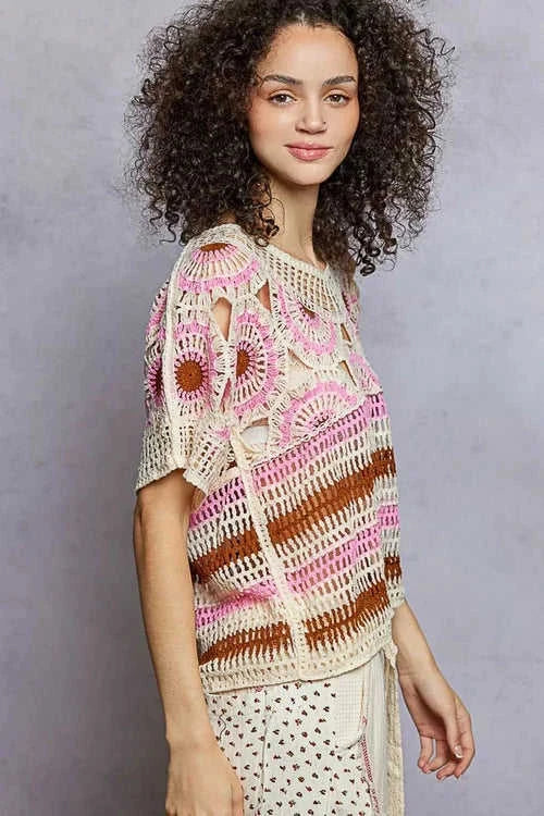 Weave Pattern Crochet Top with Short Sleeves and Border Accents Eco My Home  Salty Season LLC ecomyhome.store United States