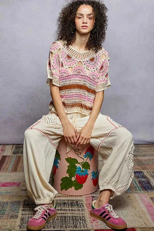 Weave Pattern Crochet Top with Short Sleeves and Border Accents Eco My Home  Salty Season LLC ecomyhome.store United States