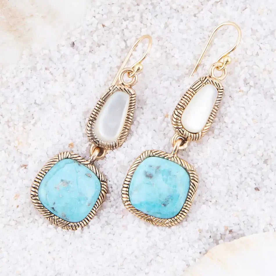White Mother of Pearl and Blue turquoise Golden Bronze Drop Earrings Eco My Home Earrings Barse Jewelry ecomyhome.store United States