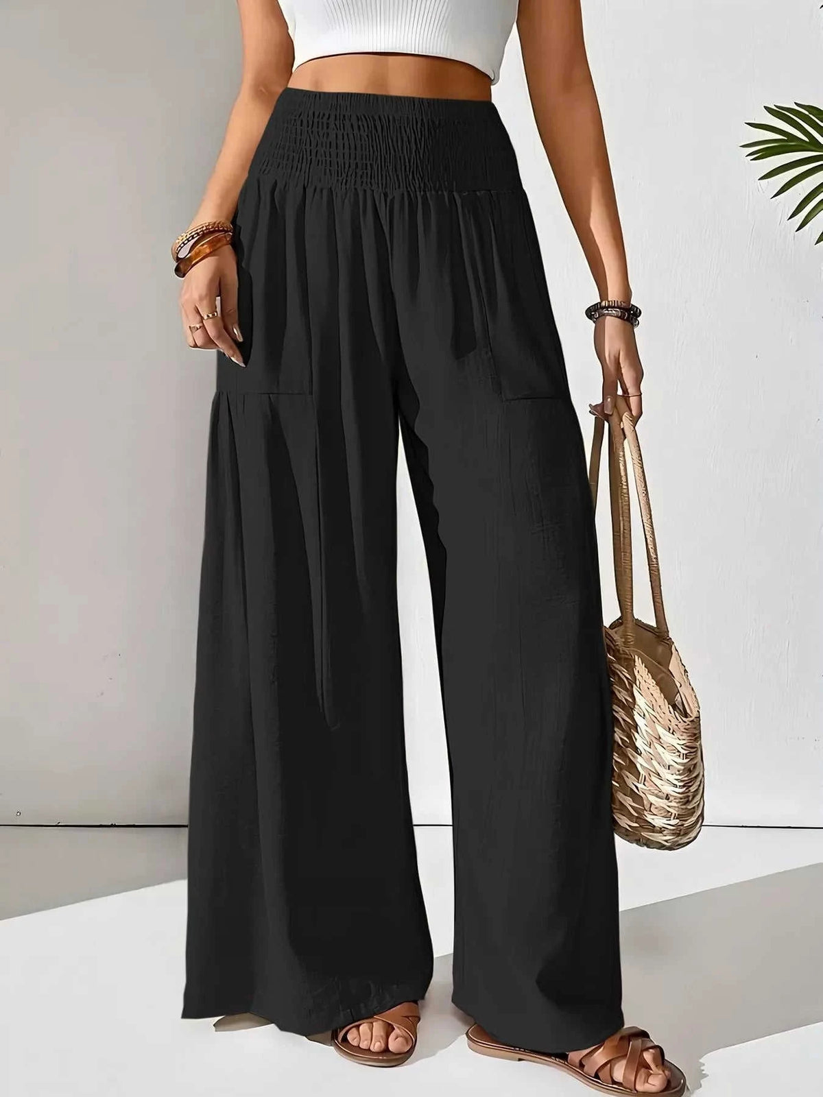 Wide Leg Smocked Waist Pants for Ultimate Comfort and Style Eco My Home  Salty Season LLC ecomyhome.store United States