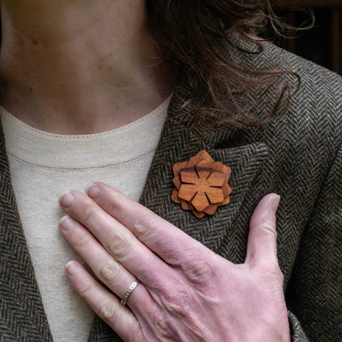 Wood Brooch | Layered Dahlia Rosette Eco My Home Brooch PRW Made ecomyhome.store United States