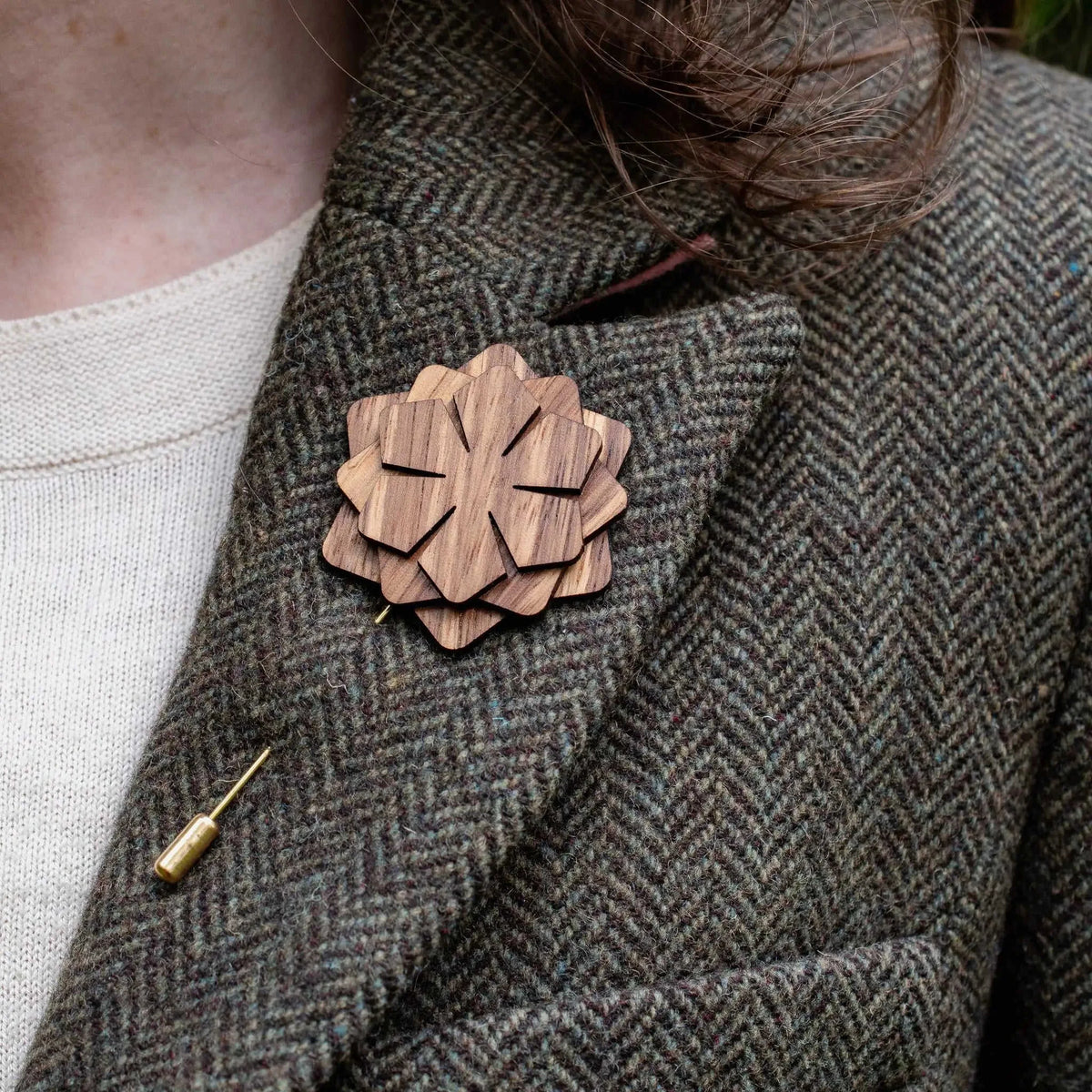 Wood Brooch | Layered Dahlia Rosette Eco My Home Brooch PRW Made ecomyhome.store United States