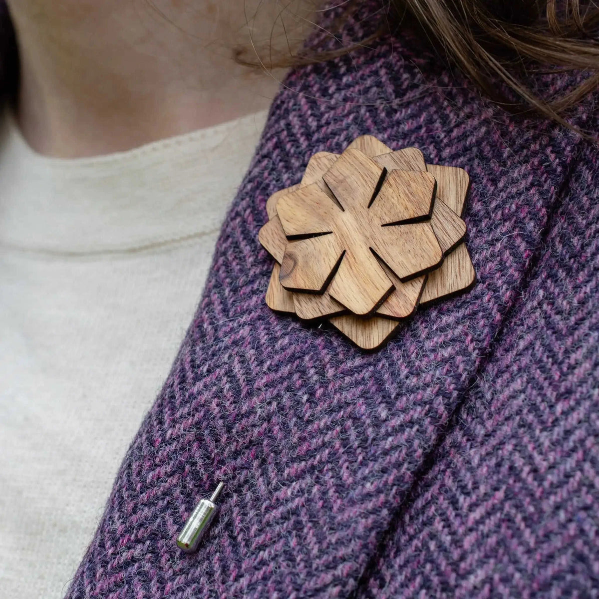 Wood Brooch | Layered Dahlia Rosette Eco My Home Brooch PRW Made ecomyhome.store United States