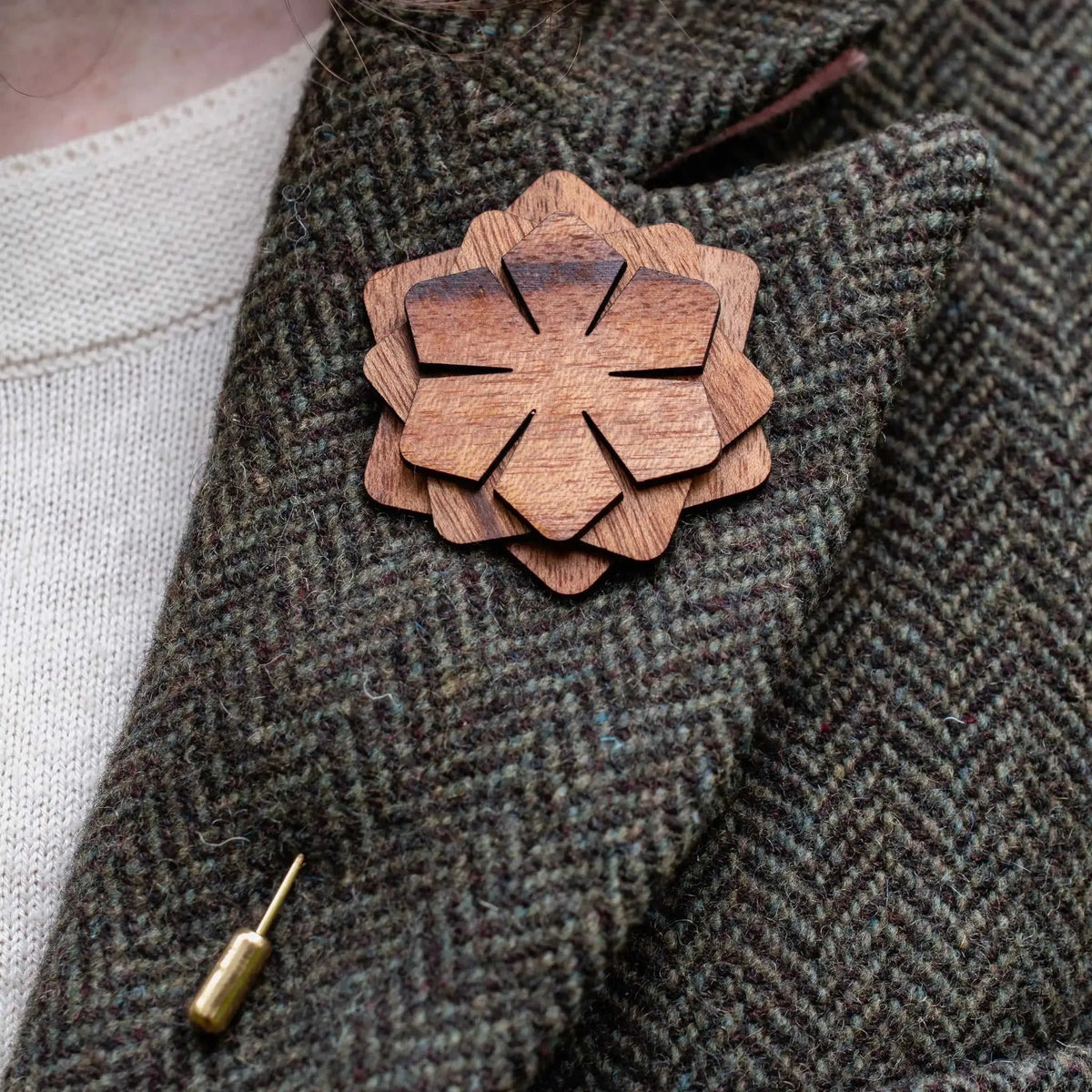 Wood Brooch | Layered Dahlia Rosette Eco My Home Brooch PRW Made ecomyhome.store United States