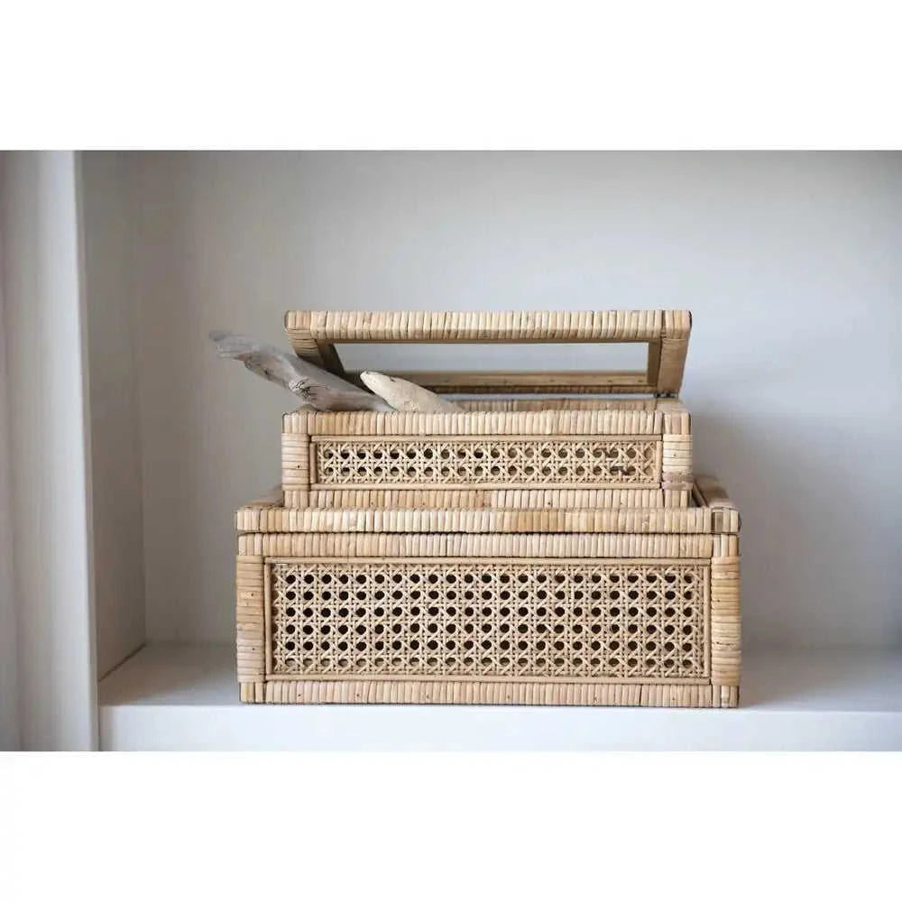 Woven Rattan & Wood Display Boxes with Glass Lid, Set of 2 Eco My Home Decorative Boxes White Cliff Studio ecomyhome.store United States
